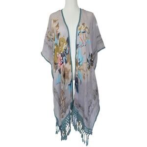 NWT Woven Heart Teal Embroidered Kimono Lace Tassel Fringe Plus Size 1X-5X Boho